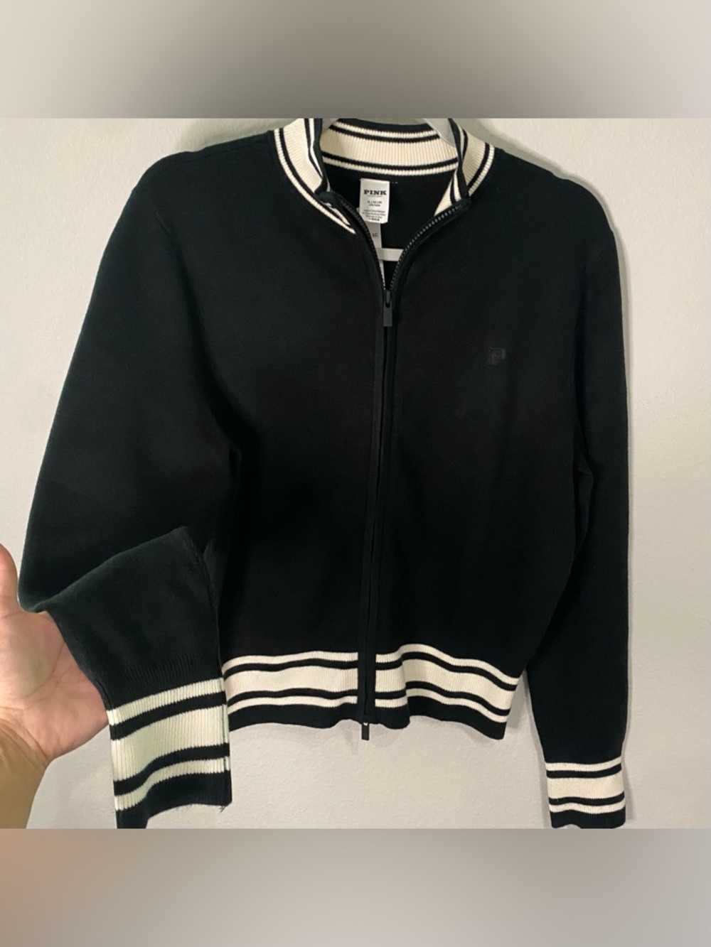 VICTORIA SECRET PINK SOFT RIB KNIT FULL ZIP VARSITY JACKET